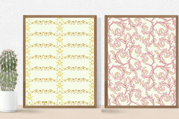Two paintings with pink and yellow wedding patterns.