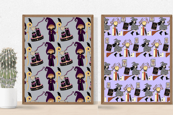 Cute and scary witches are depicted on a light purple background.