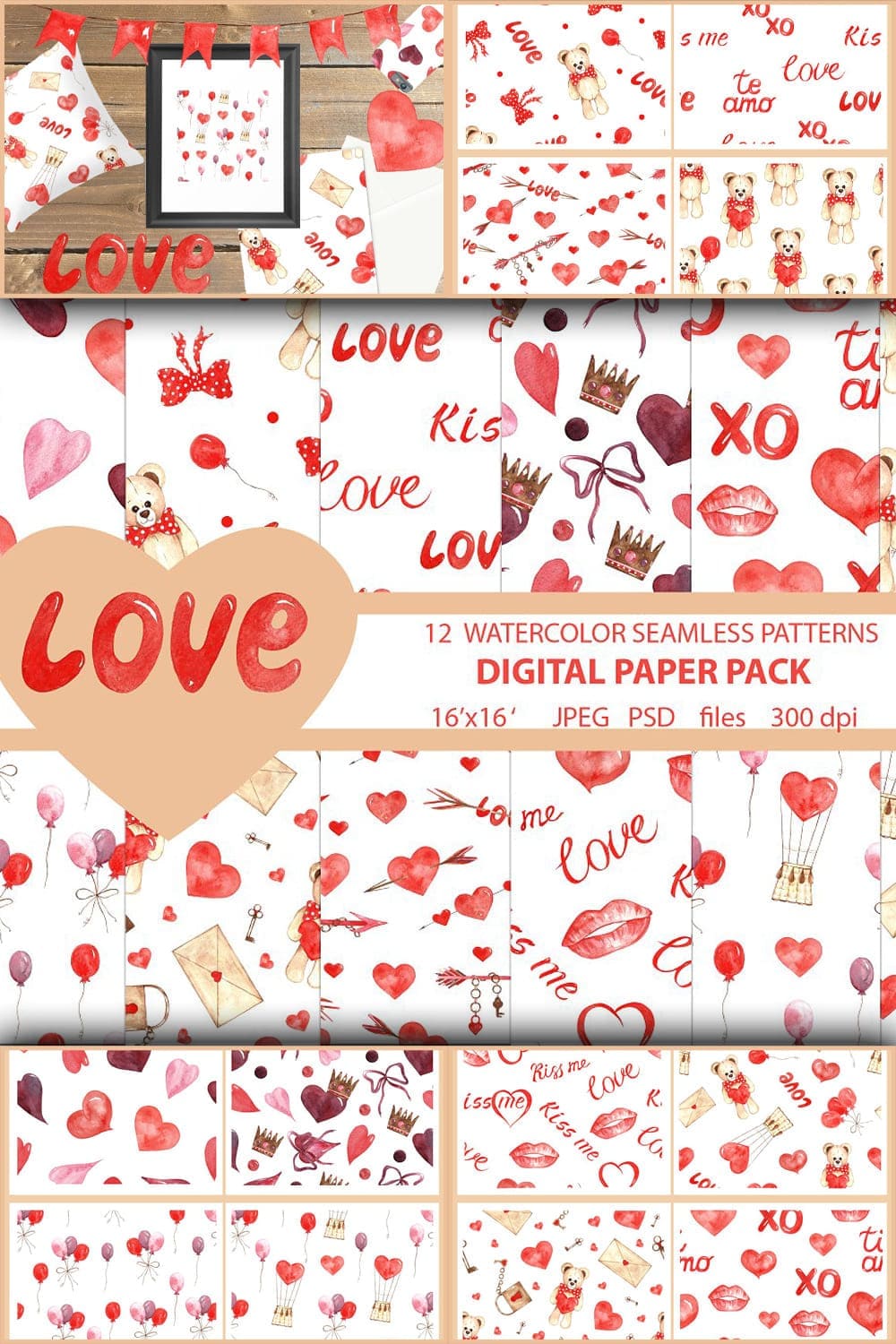 Watercolor seamless patterns about love, image for Pinterest 1000x1500.