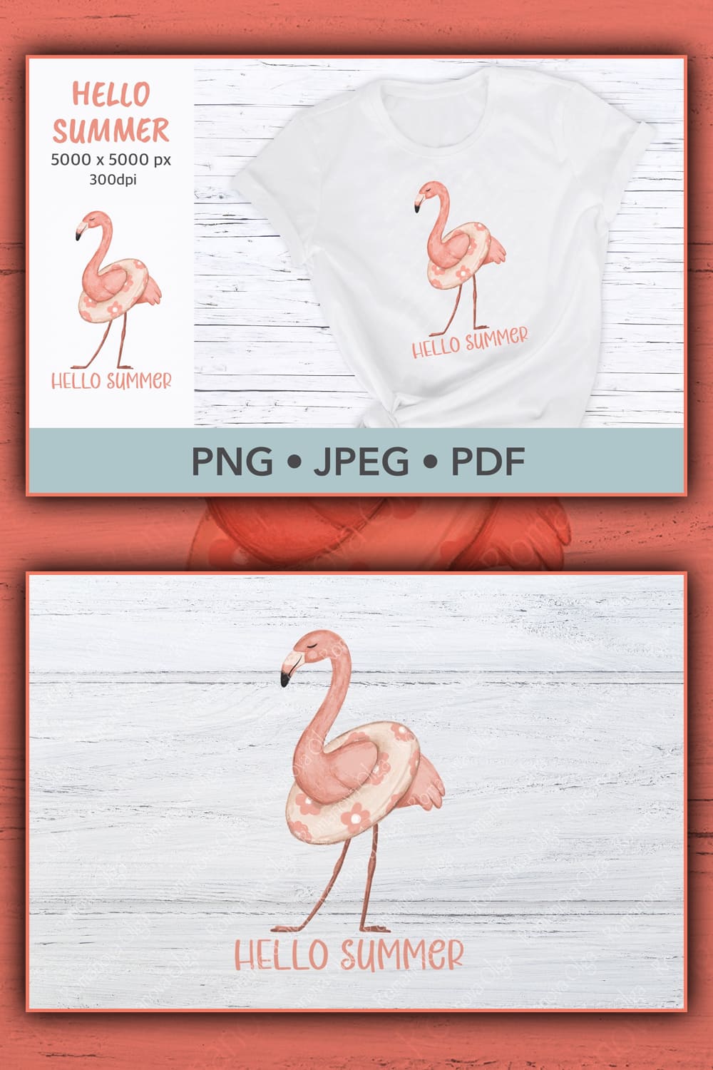 Flamingo summer sublimation design hello summer, picture for Pinterest 1000x1500.