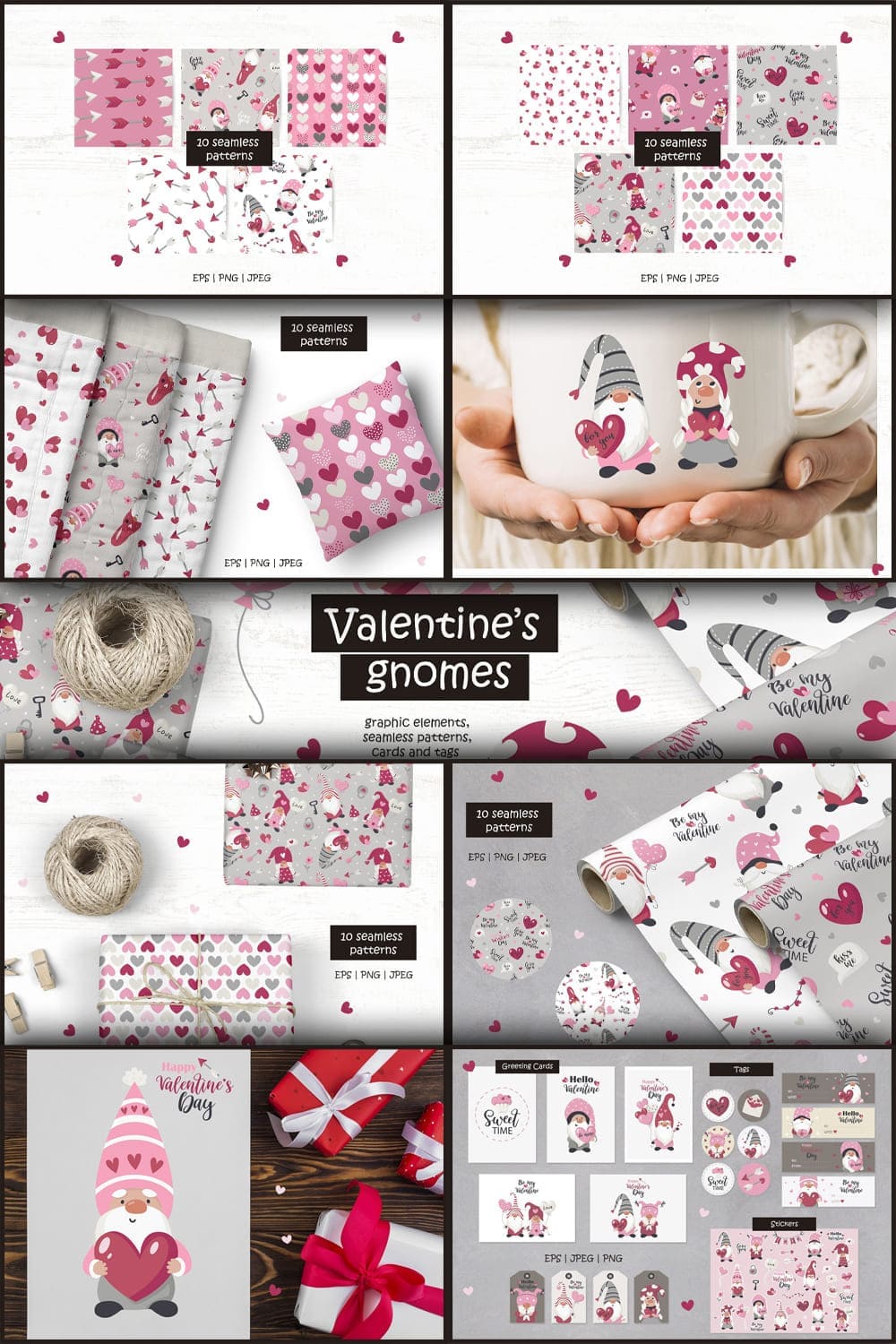 Nine images of Valentine's gnomes in pink on merchandise and wrapping paper in a Pinterest picture.
