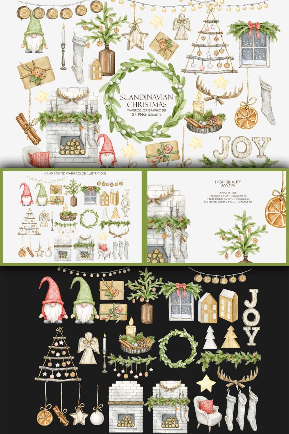 Watercolor rustic christmas clipart, picture for Pinterest 1000x1500.
