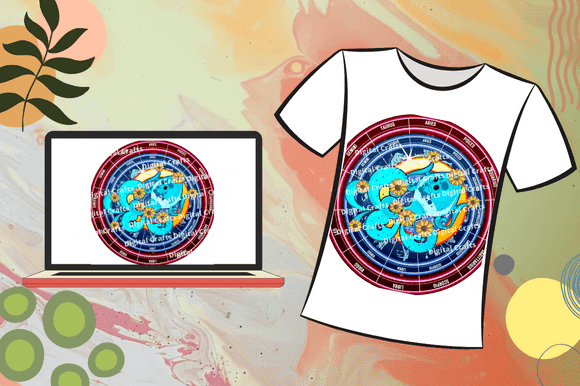 Illustration of the astrological sign of Aquarius on a T-shirt and on a computer.