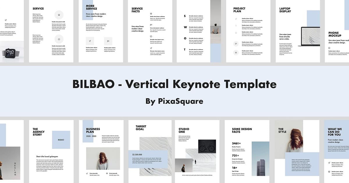 16 slides in two rows, Bilbao vertical keynote template.