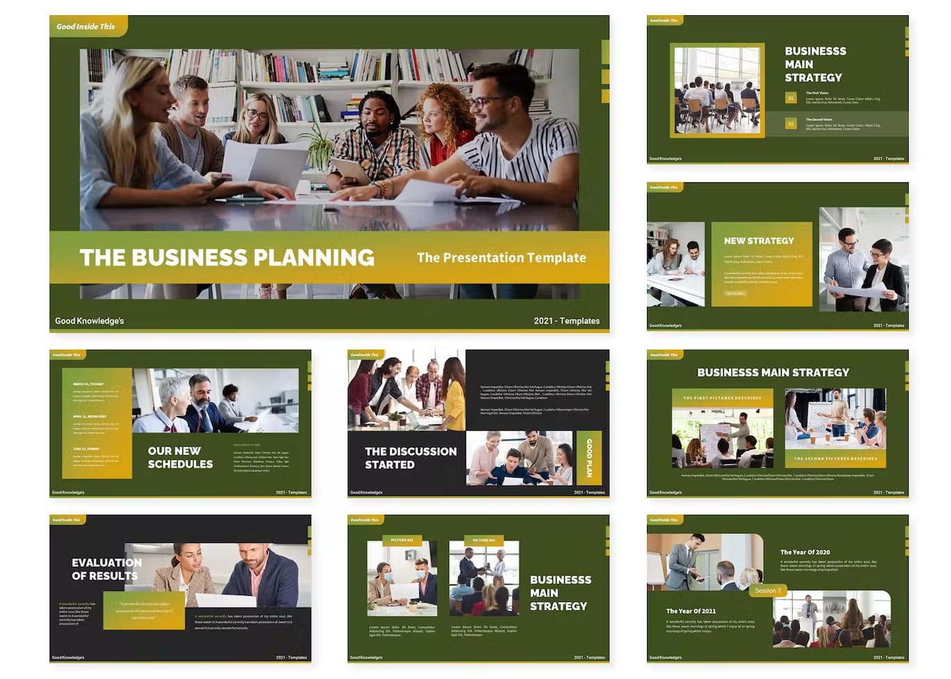 Google Slides for business planning: The business planning, business main strategy, new strategy, evaluation of results.