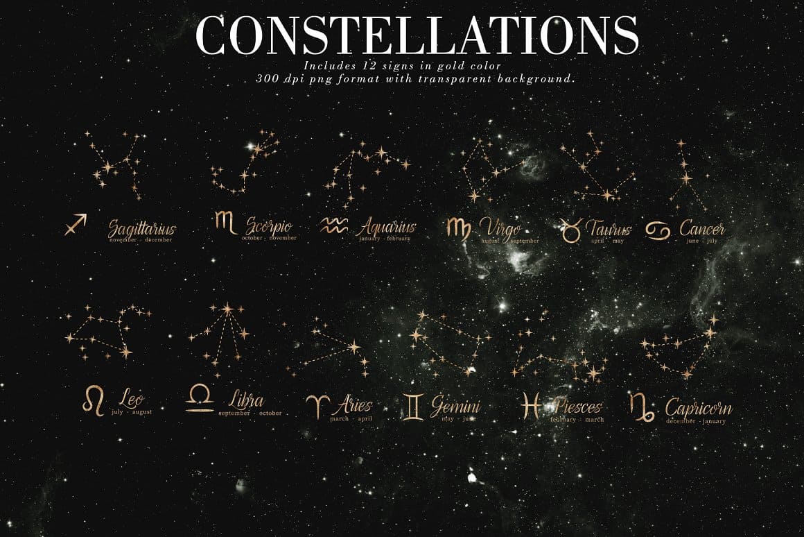 Inscription: "Constellations, Includes 12 signs in gold color 300 dpi png format with transparent background".
