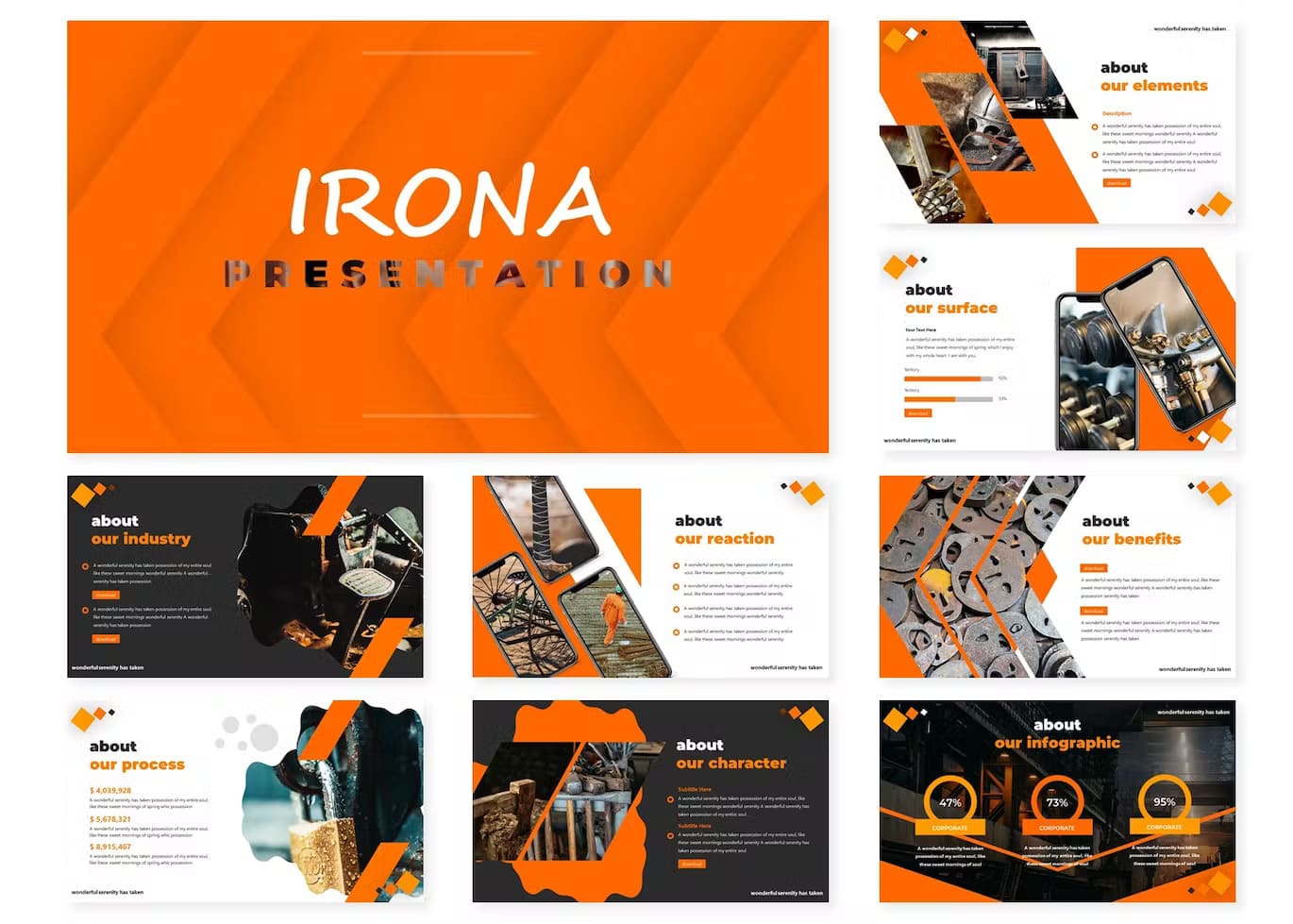 Nine orange slides of Irona keynote template.