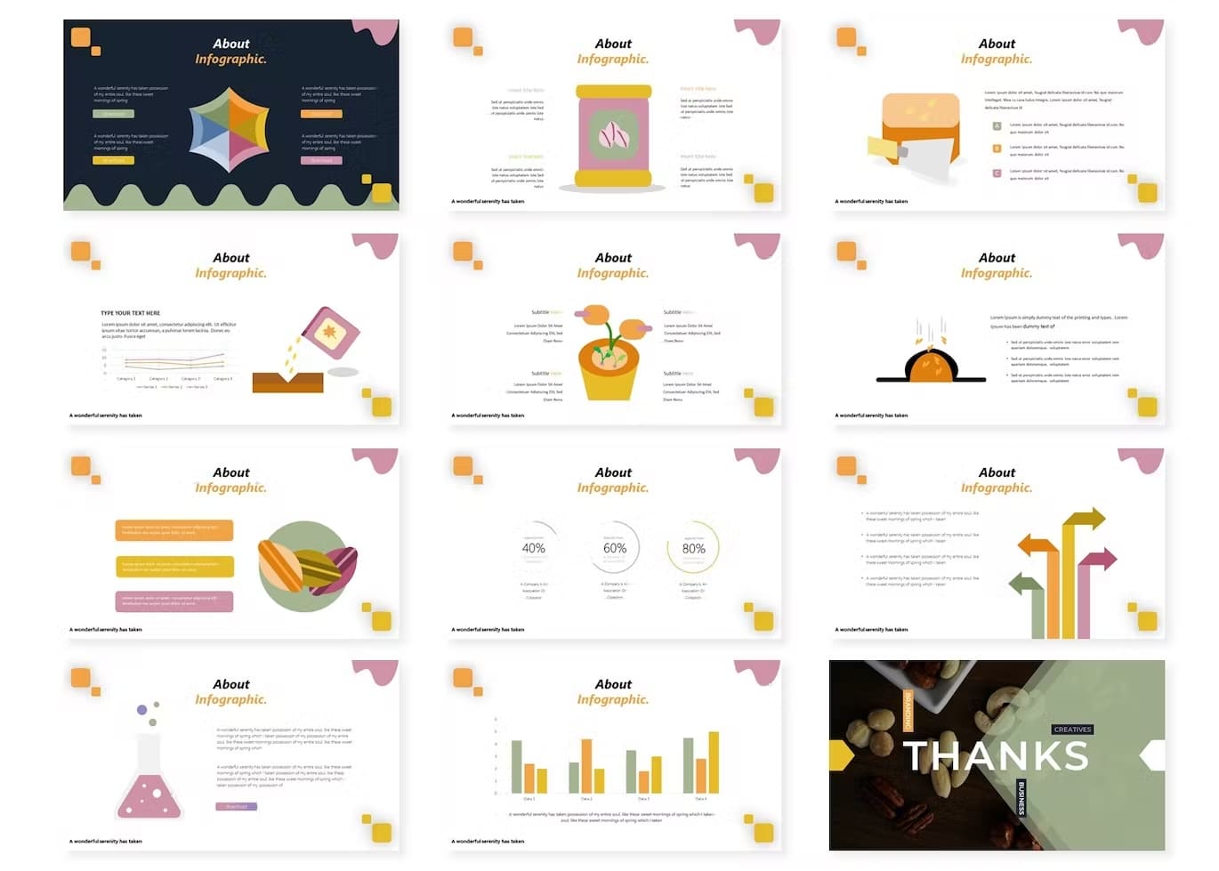 12 Slides Template Itseeds: About Infographic, Thanks.