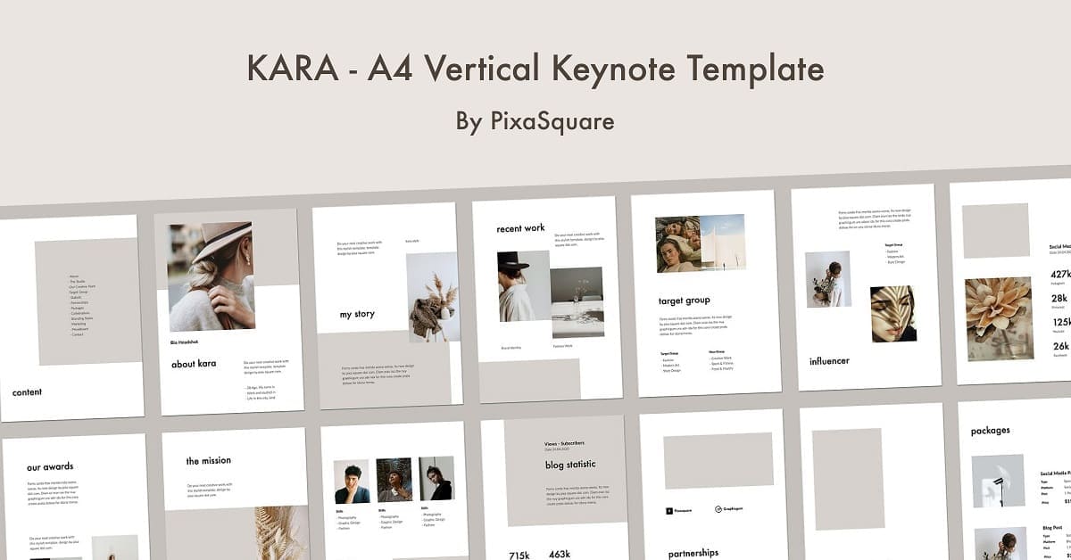14 slides in two rows, Kara A4 vertical keynote template.