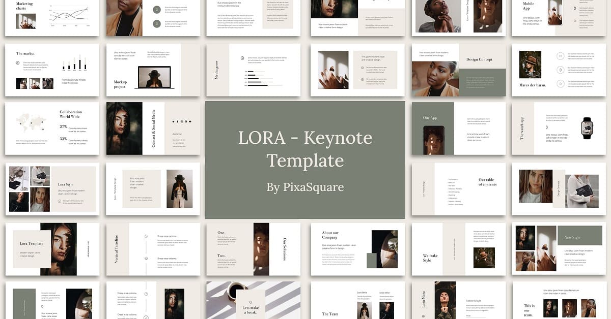 Keynote Template in grayscale 36 slides in six columns.