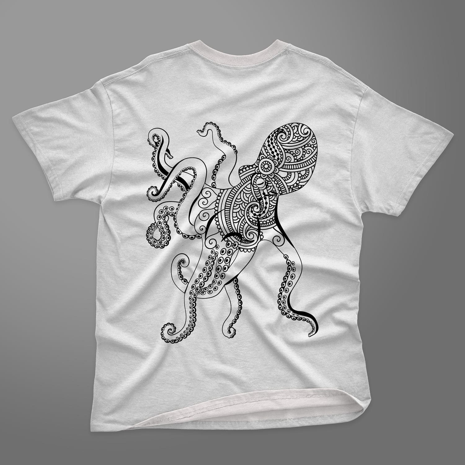 White t-shirt with mandala octopus.