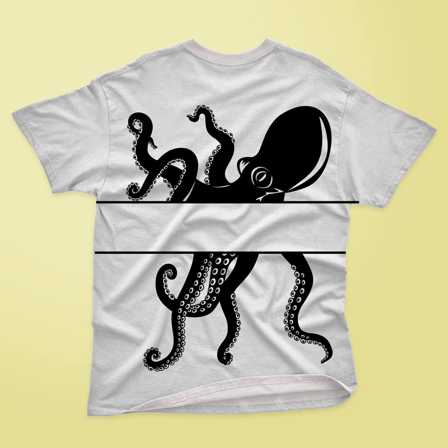 Monogram Octopus white t-shirt design on yellow background.