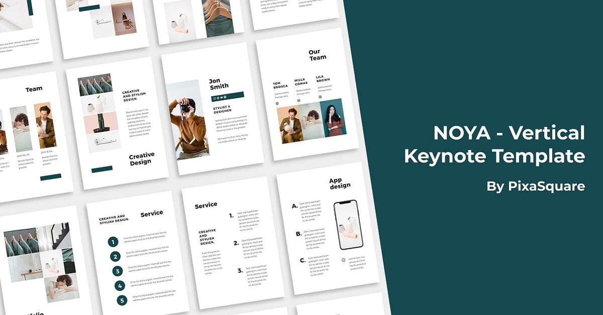 Vertical Keynote Noya template with header and angled slides.
