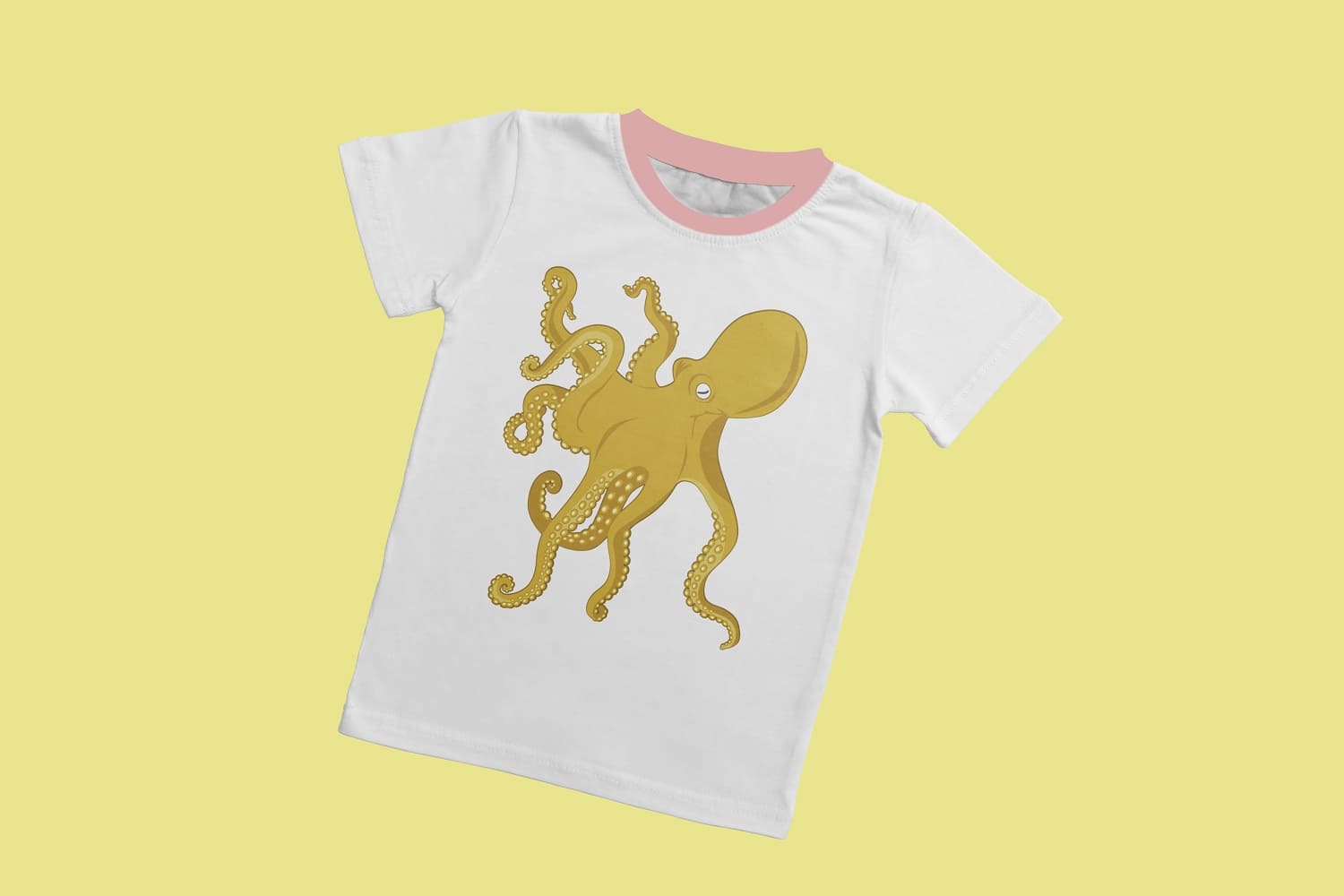 T-shirt with a picture of a yellow octopus on a light yellow background.