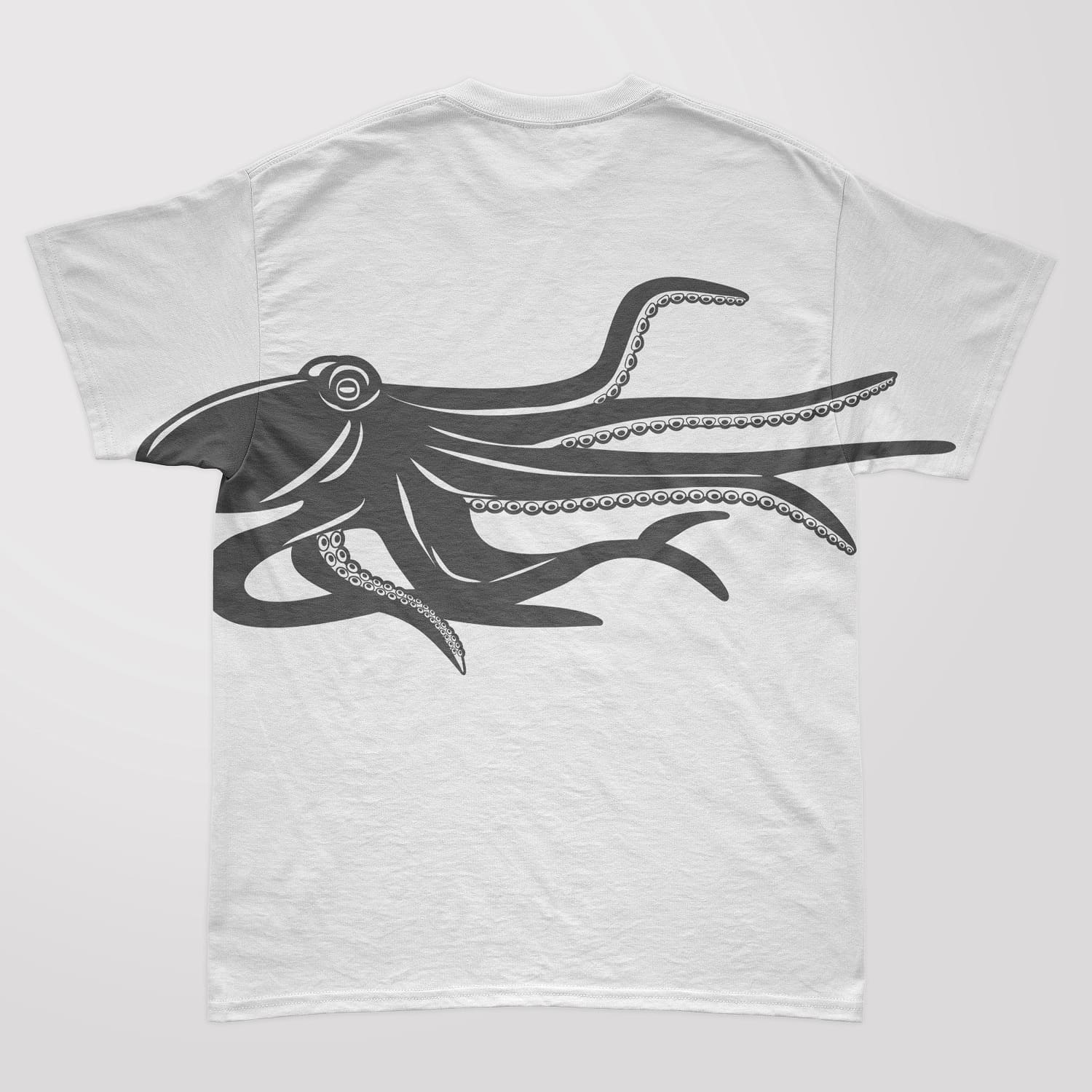 White plain t-shirt with a gray print of an octopus silhouette on a white background.