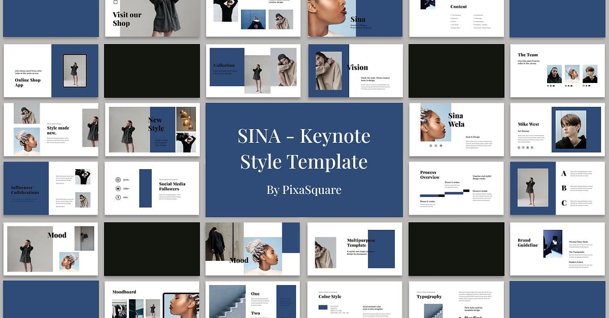 Sina Keynote Style Template Slides in Groups of Five in Six Columns 1200 by 628 pixels.