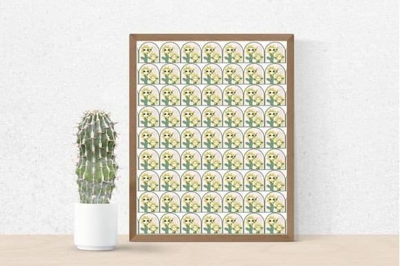 Sunflower pattern pattern, picture in brown frame with cactus.