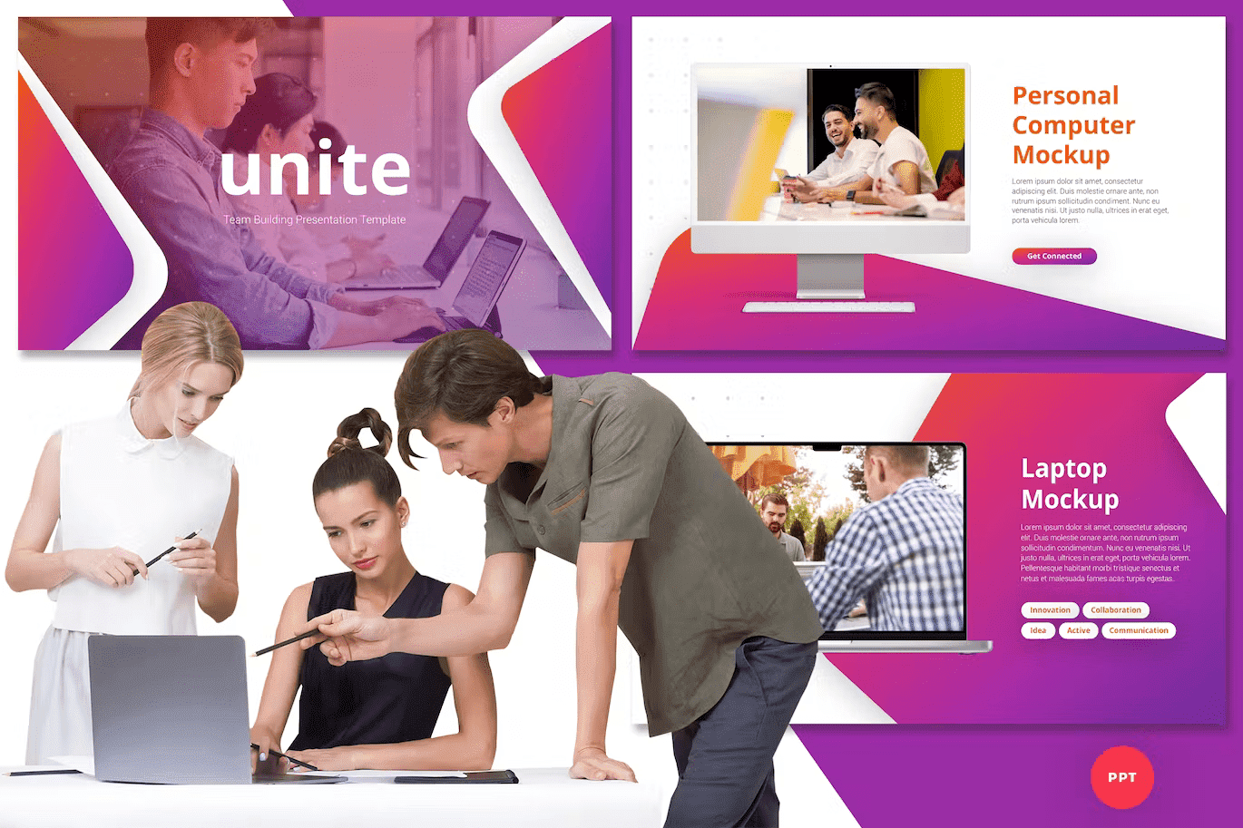 3 big slides team building powerpoint presentation template: unite, Personal Computer Mockup, Laptop Mockup.