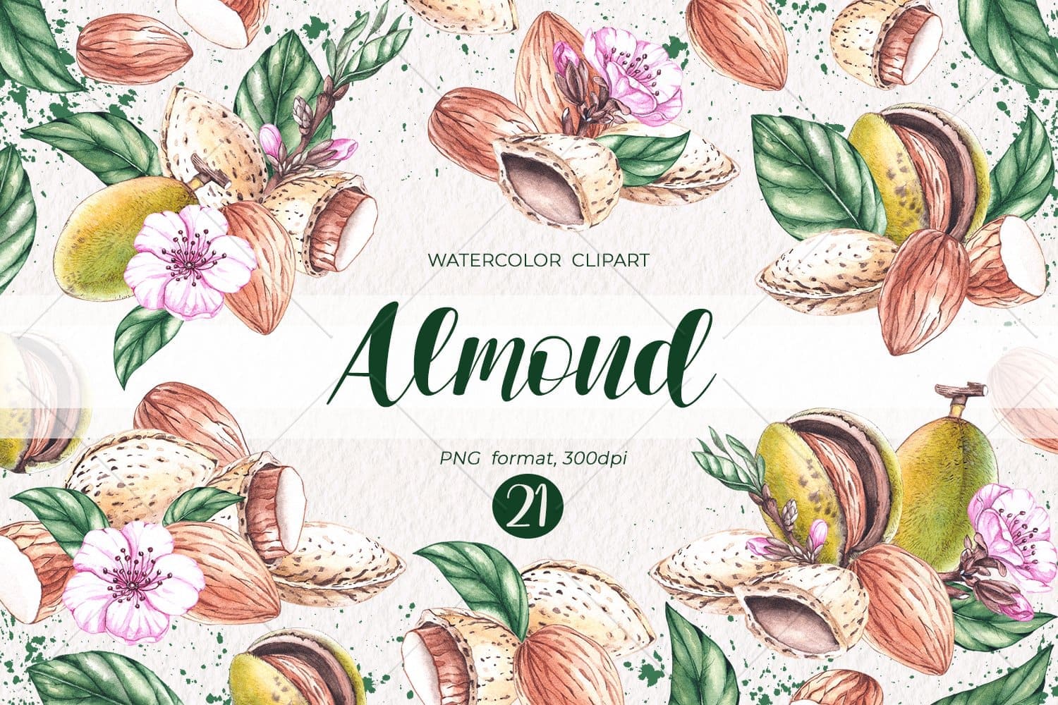 Title on picture: "Watercolor Clipart Almond, PNG format, 300dpi".