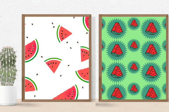 Pieces of watermelons are drawn on two pictures.