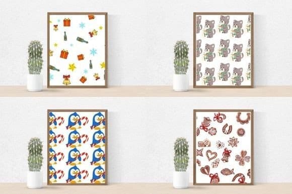 Four paintings with Christmas patterns of animals.