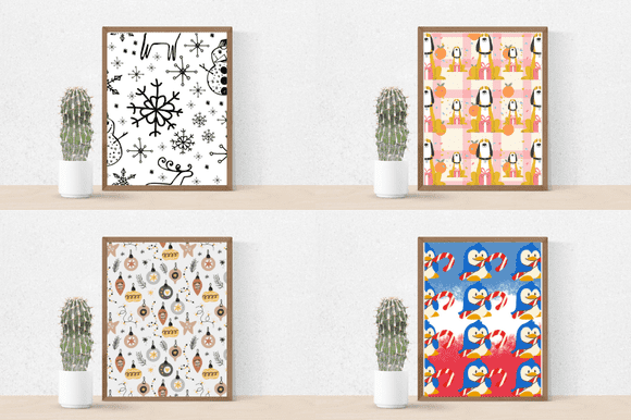 Four paintings with painted snowflakes, penguins, dogs and Christmas tree toys.