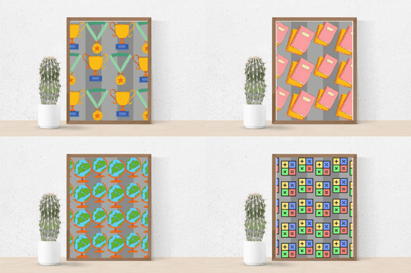 Four paintings with a school theme.