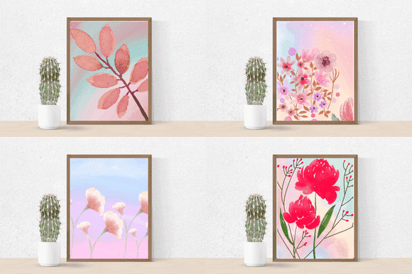 Four paintings depicting decorative leaves and flowers.