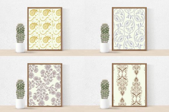 Four paintings with a light wedding pattern.