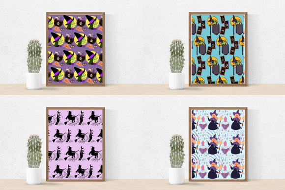 Four paintings with witches in witch hats.