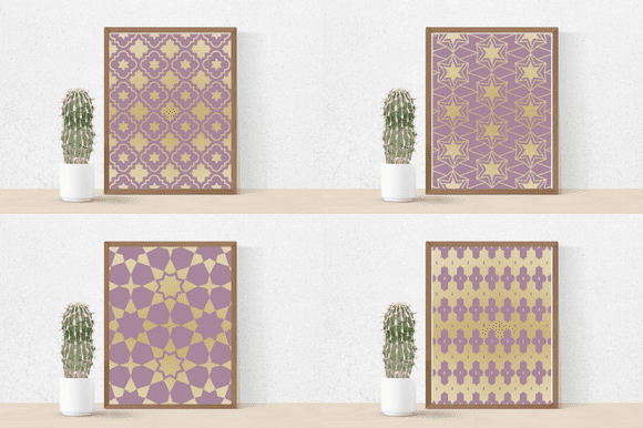 Four paintings with gold and purple pattern design.