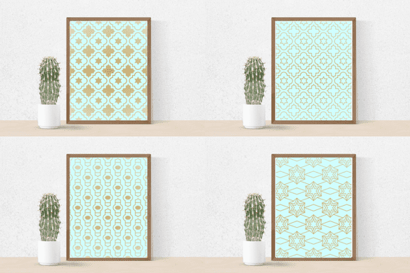 Four turquoise pictures with a golden pattern.