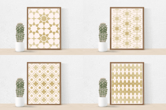 Four paintings with transparent and filled gold pattern.