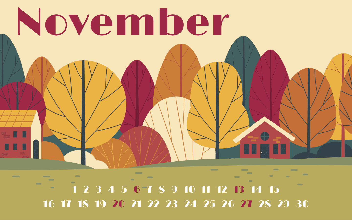 Free calendar for November with autumn forest background.