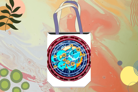 Illustration of the astrological sign of Aquarius on a bag.