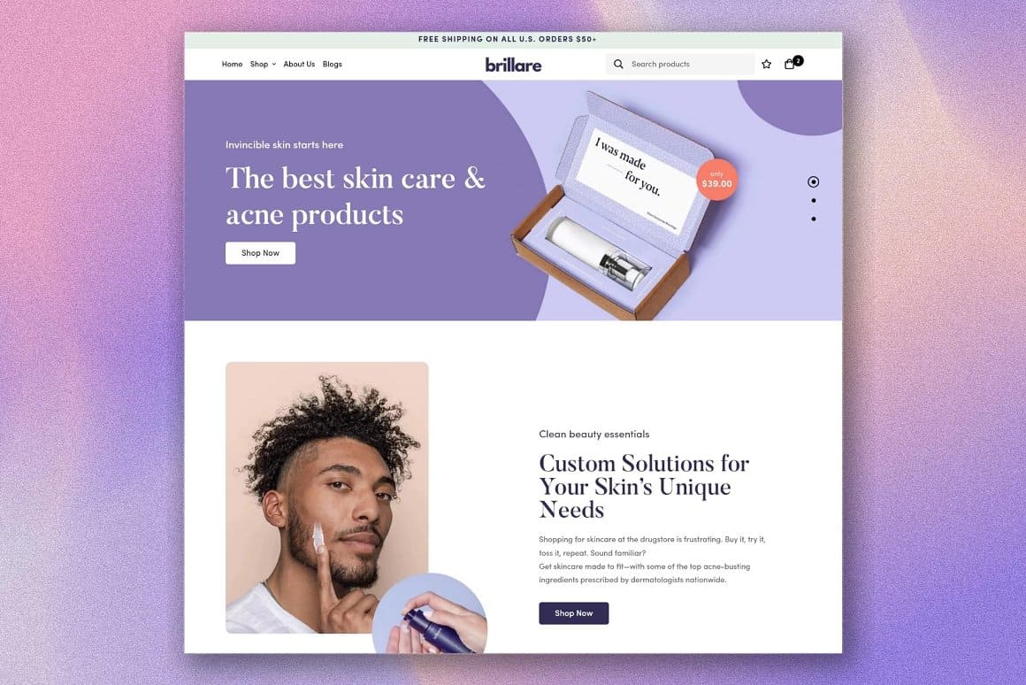 Brillare skincare shopify theme home page.