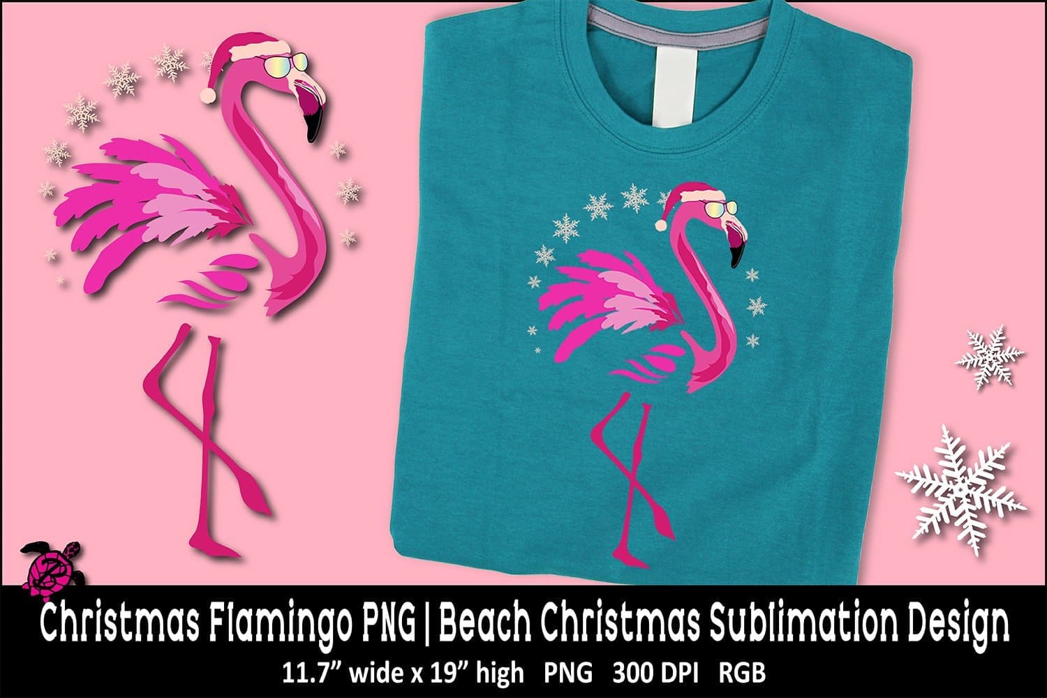 Christmas flamingo sublimation design teal thsirt cover image.