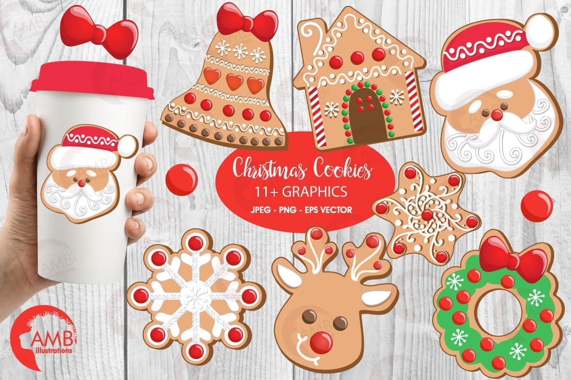 Title on red background: "Christmas Cookies, 11+ Graphics, JPEG - PNG - EPS Vector".