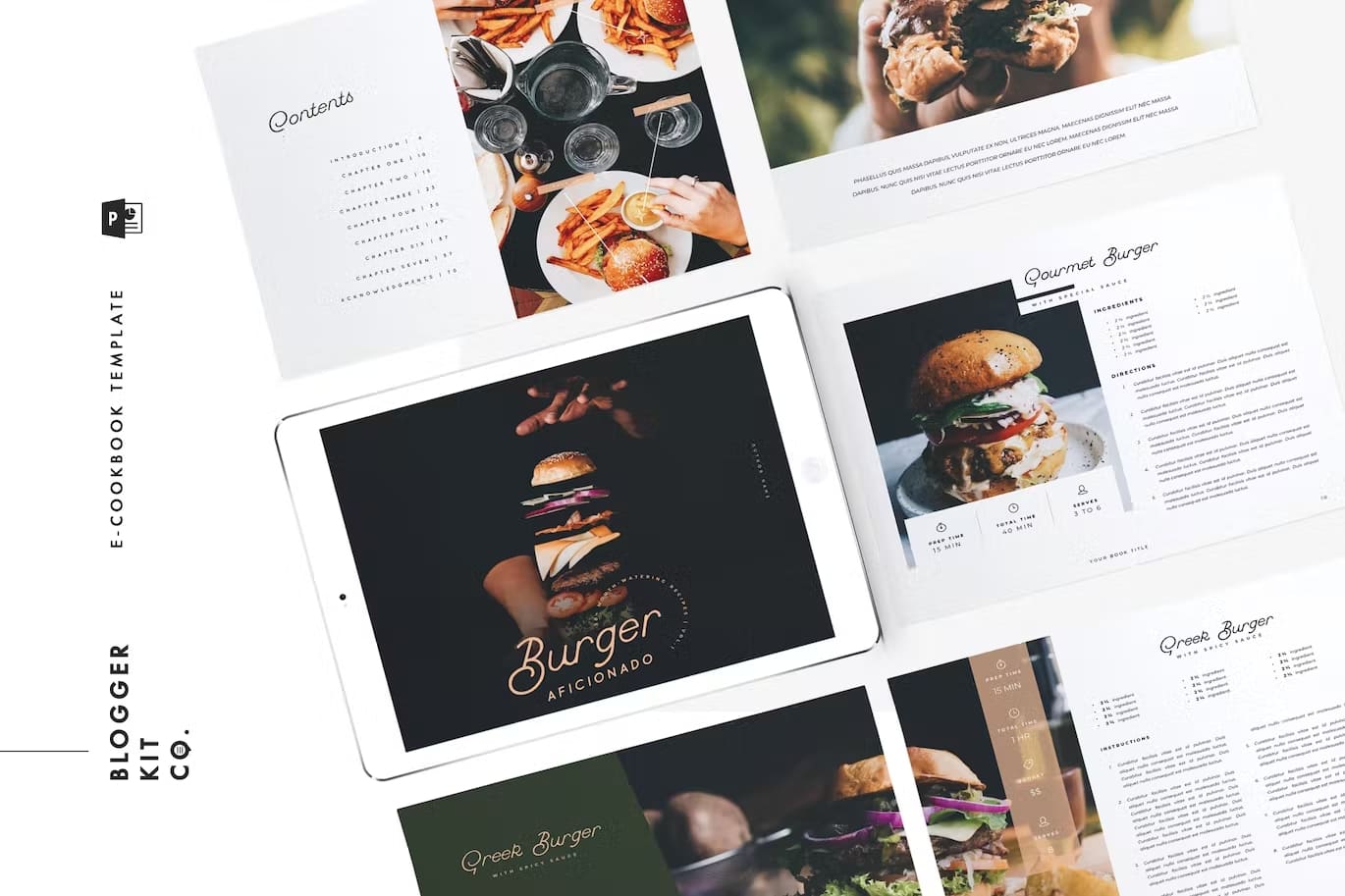 E-book template slides and 16 page PowerPoint cookbook logo tablet.