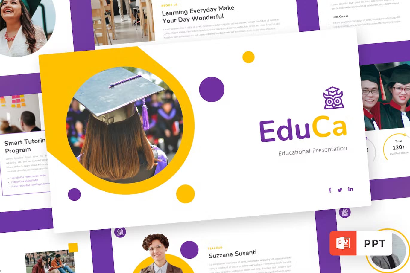 Nine PowerPoint slides Educational University educa template on purple background.