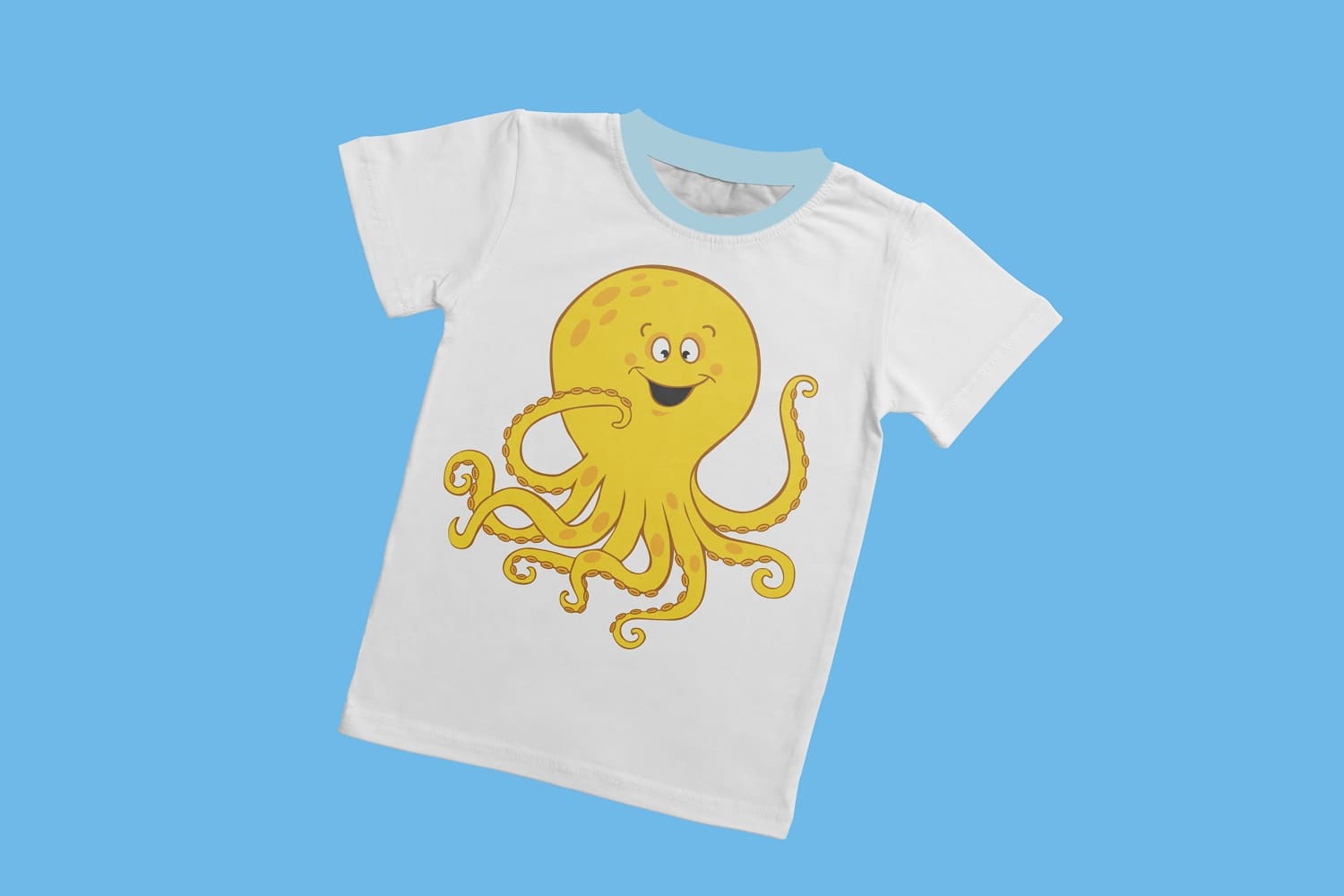 Funny white t-shirt design with a yellow octopus on a blue background.