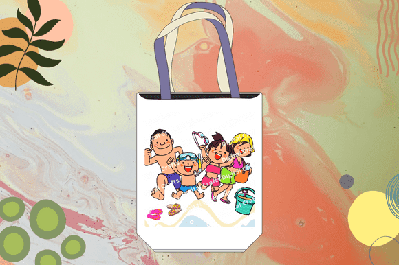 Beach bag with happy family enjoy summer on warm colors background.