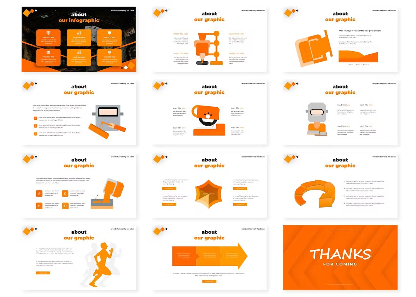 12 Slides of orange Irona keynote template.
