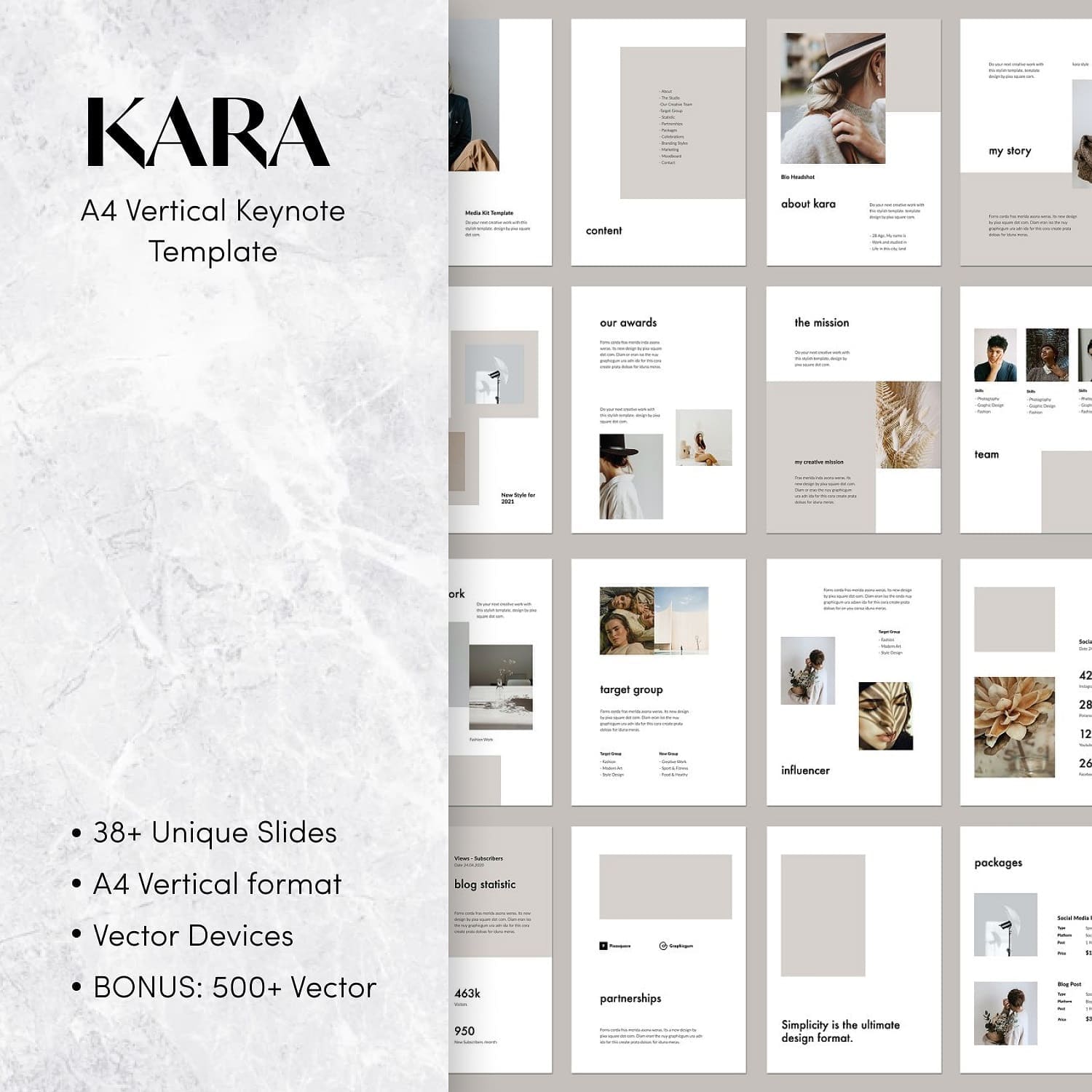 Kara A4 vertical keynote template, inscription: 38+ Unique Slides, A4 Vertical format, Vector Devices, Bonus: 500+ Vector.
