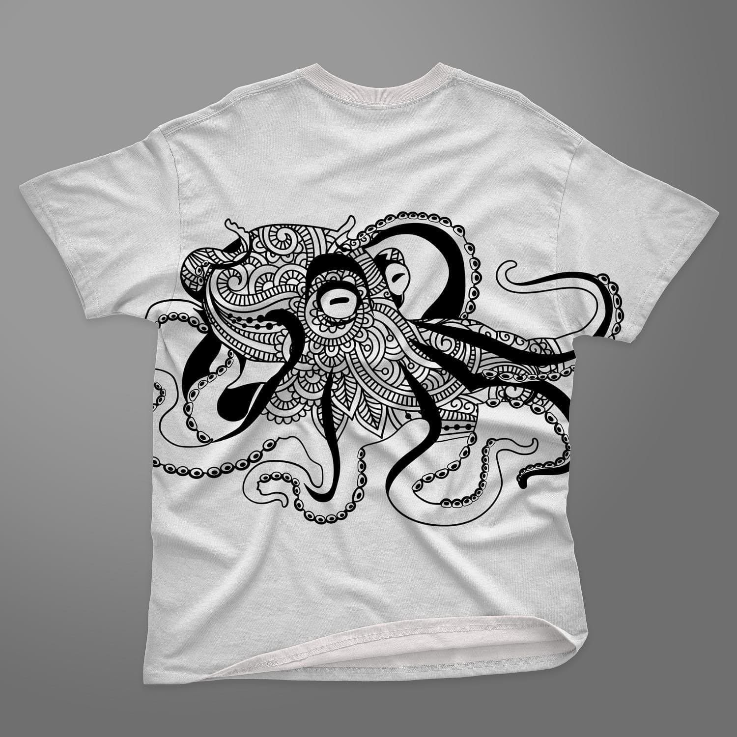 White t-shirt with the image of an octopus mandala close-up.