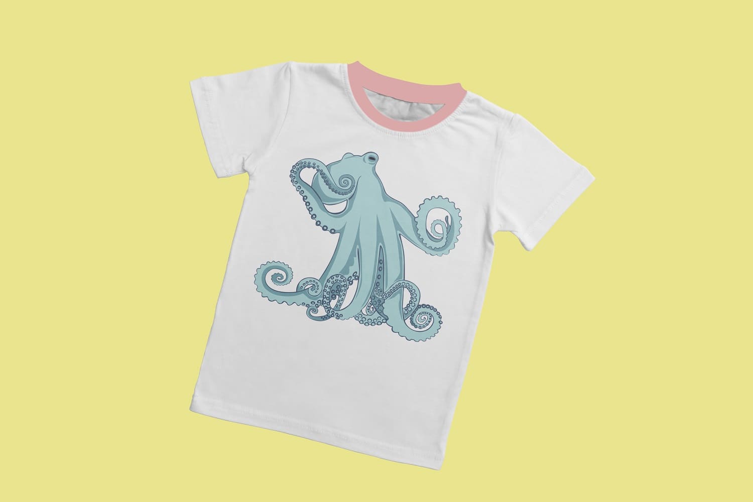 T-shirt with a picture of a turquoise octopus on a light yellow background.