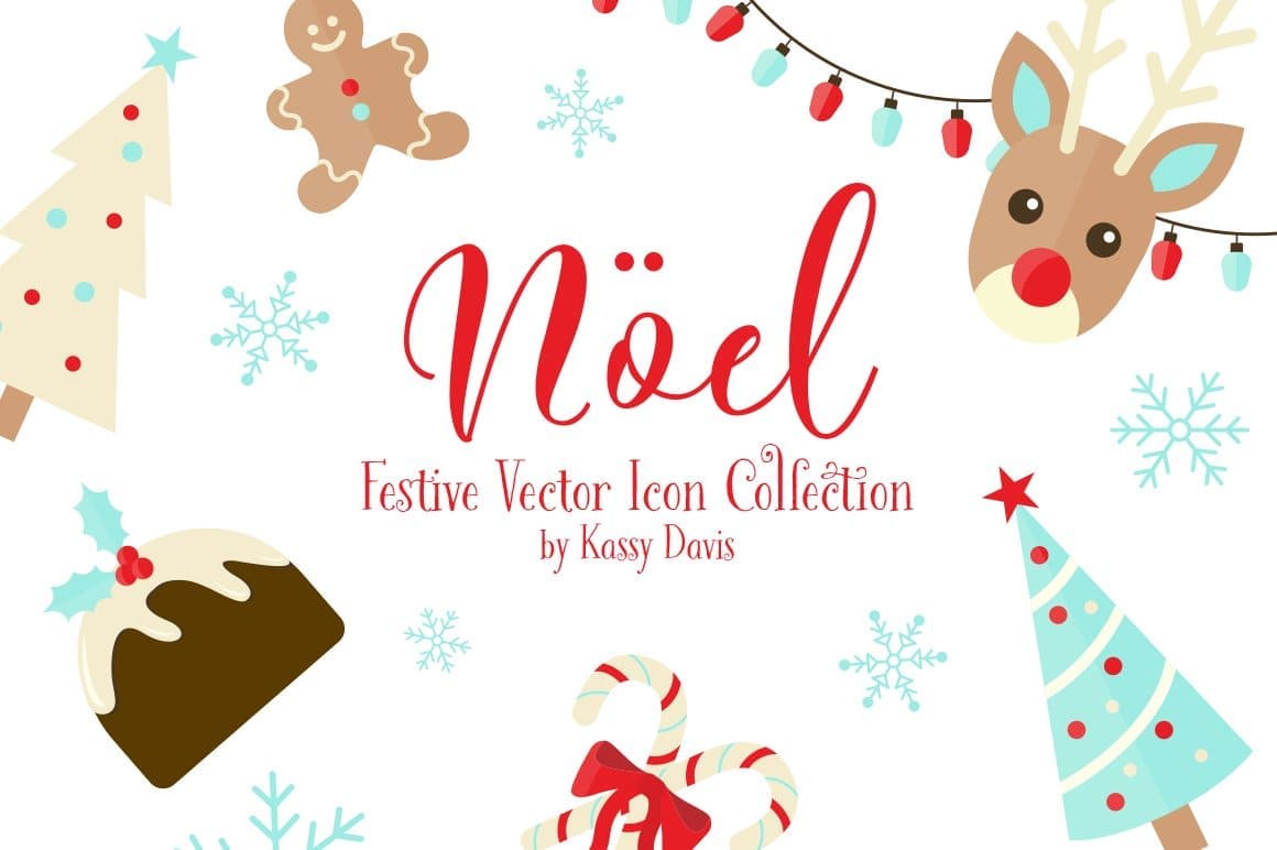 Big logo Noel with inscription: "Festive Vector Icon Collection by Kassy Davis".