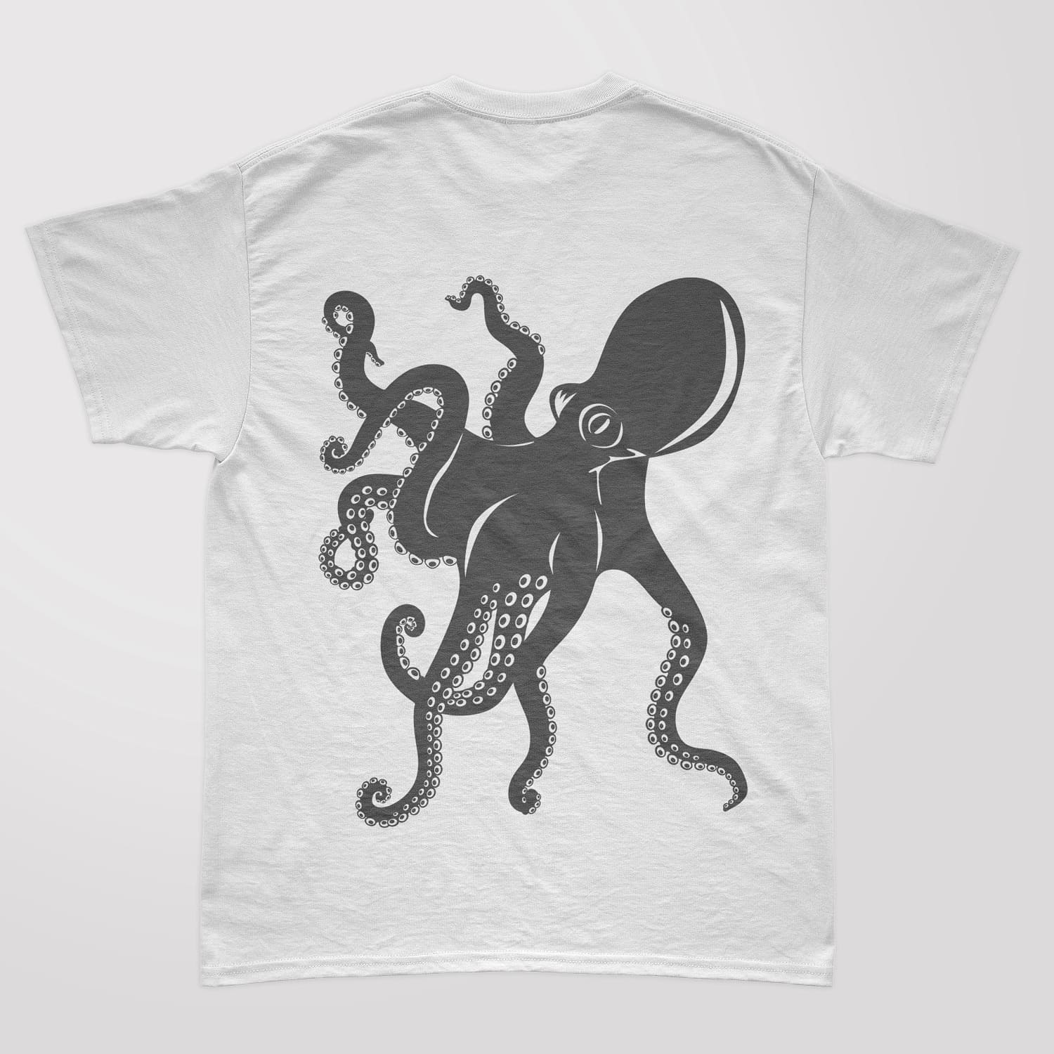 White T-shirt with a gray print of the silhouette of a large octopus.