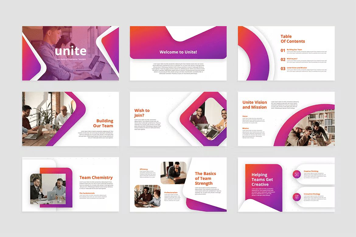 Team building powerpoint presentation template slides: Unite, Welcome to Unite, Table of Contents, Building Our Team.