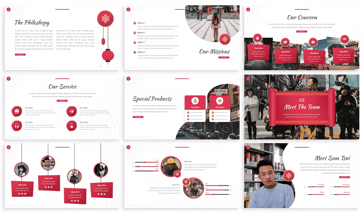 Nine Slides Xinjing Oriental PowerPoint Template: The Philoshopy, Our Missions, Our Concern, Our Service, Special Products, Meet The Team.